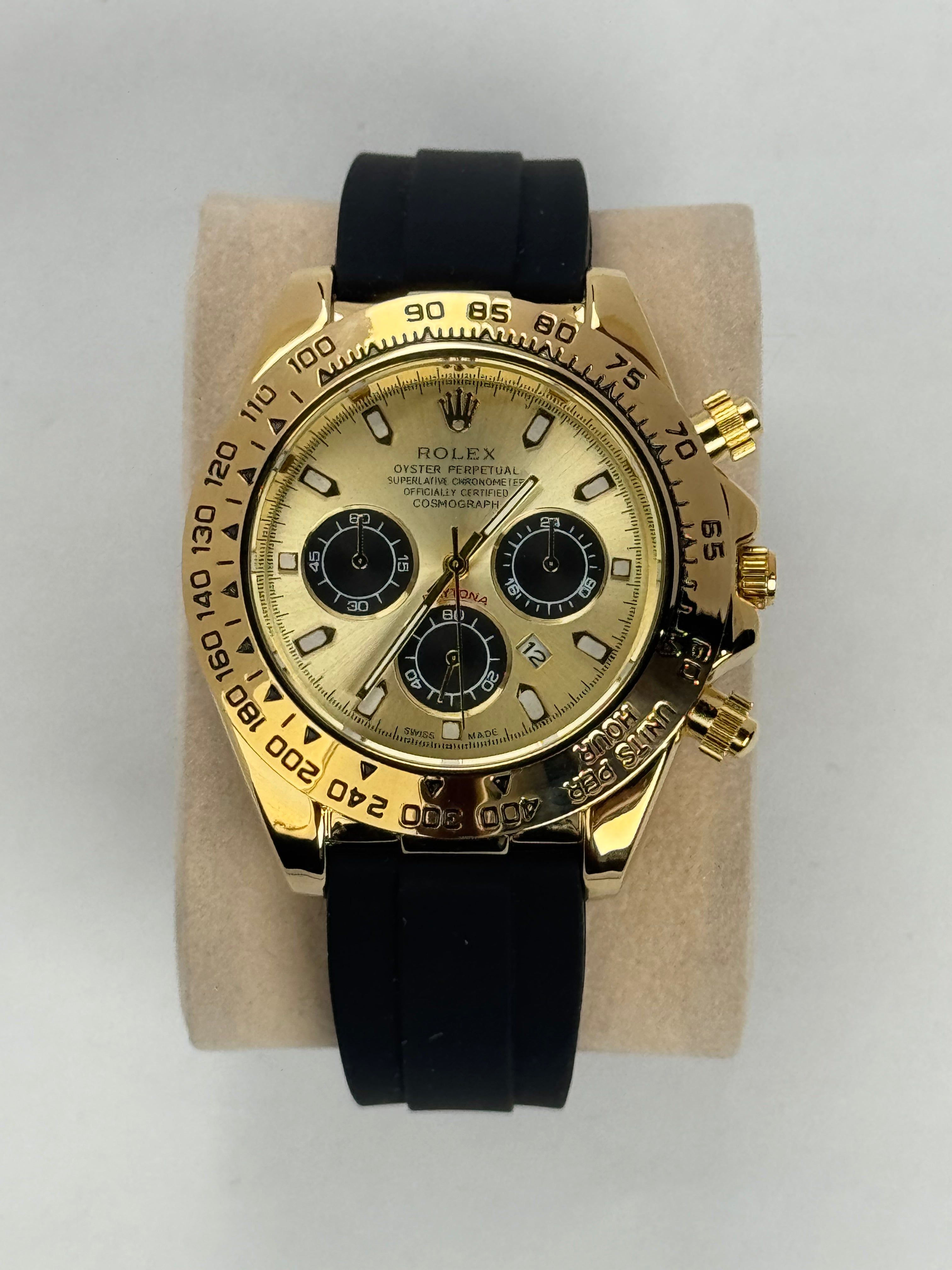 RLX Daytona Gold Chronograph Sports Watch – Black Rubber Strap