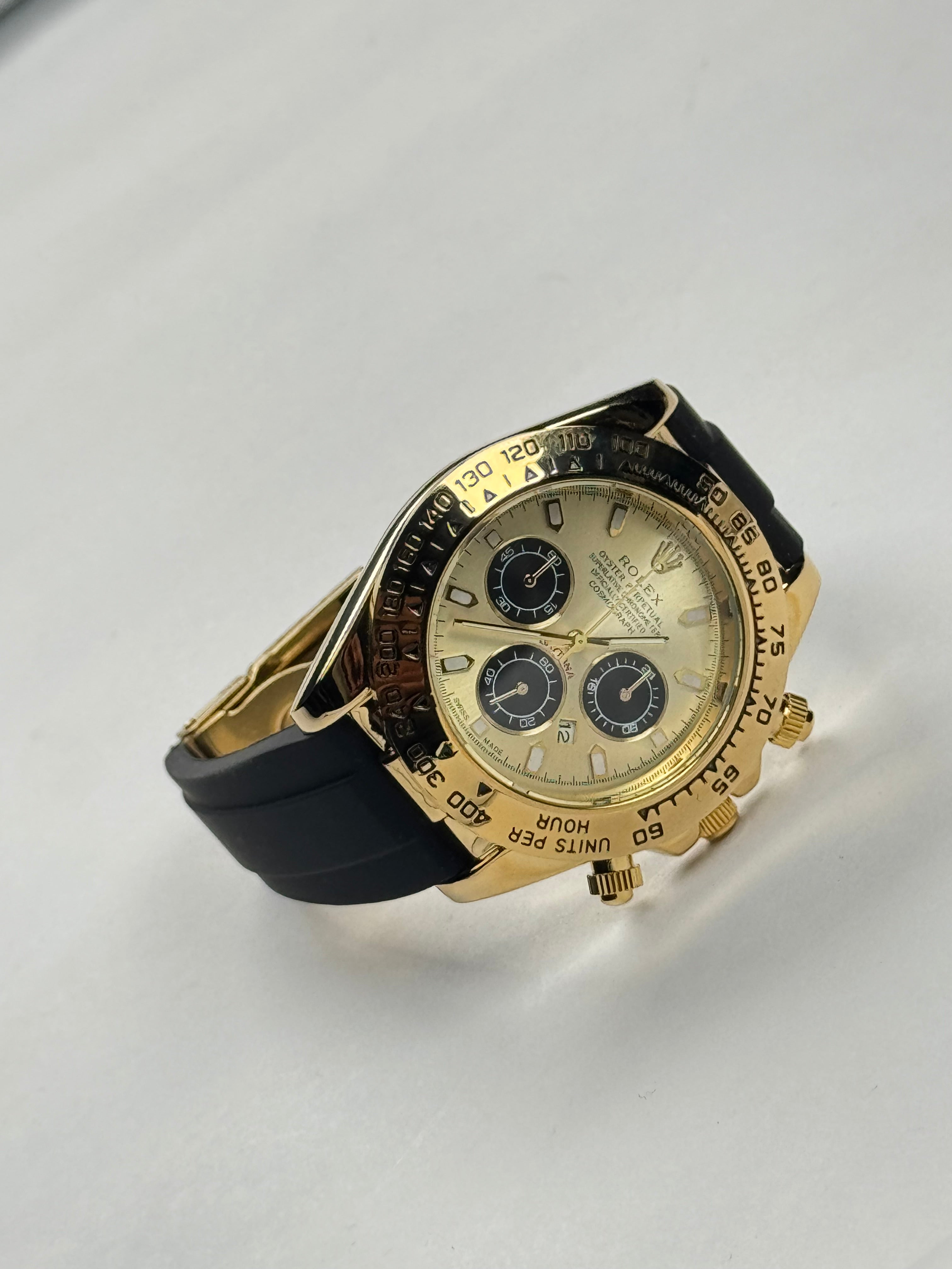 RLX Daytona Gold Chronograph Sports Watch – Black Rubber Strap