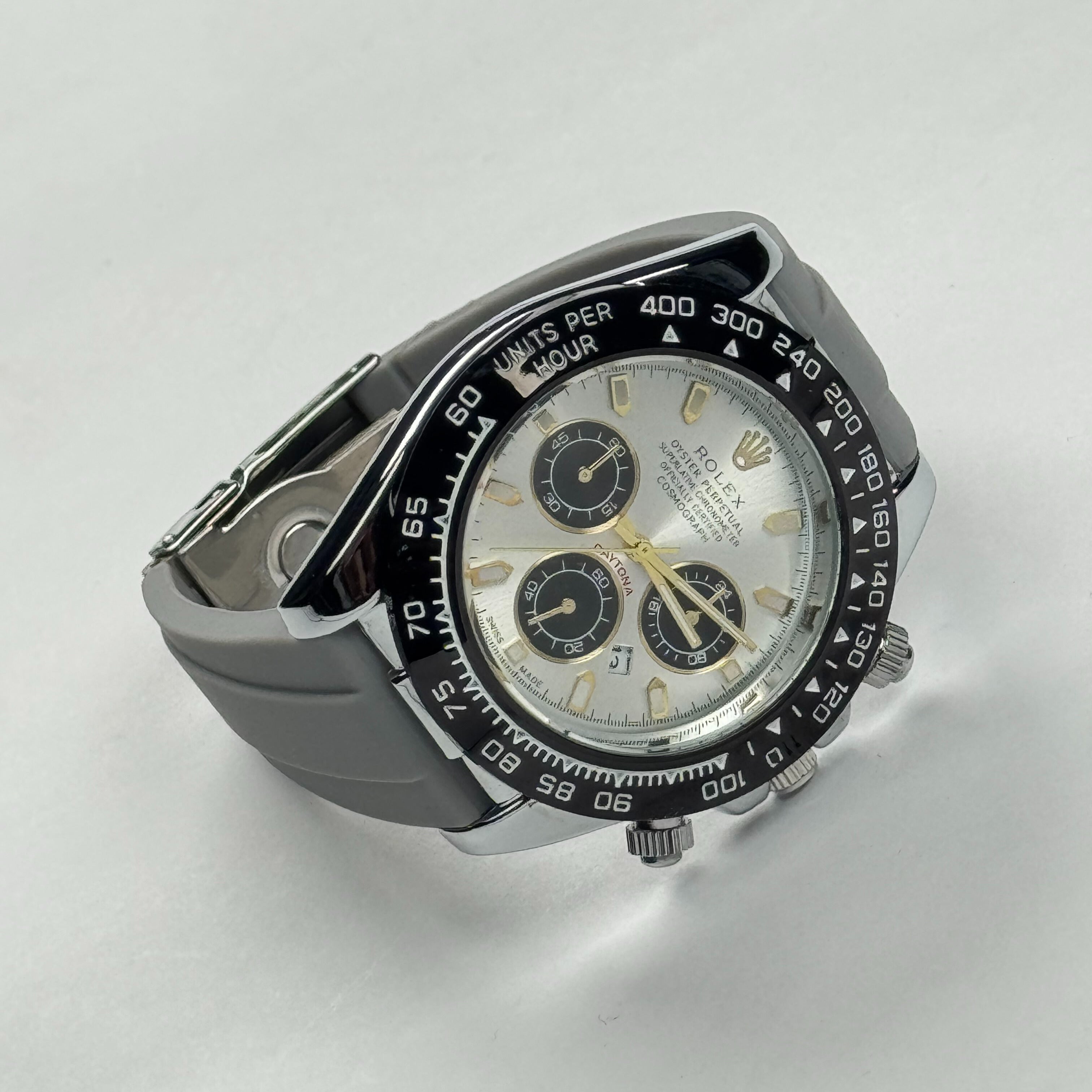 RLX Daytona Silver Dial Chronograph Sports Watch – Grey Rubber Strap