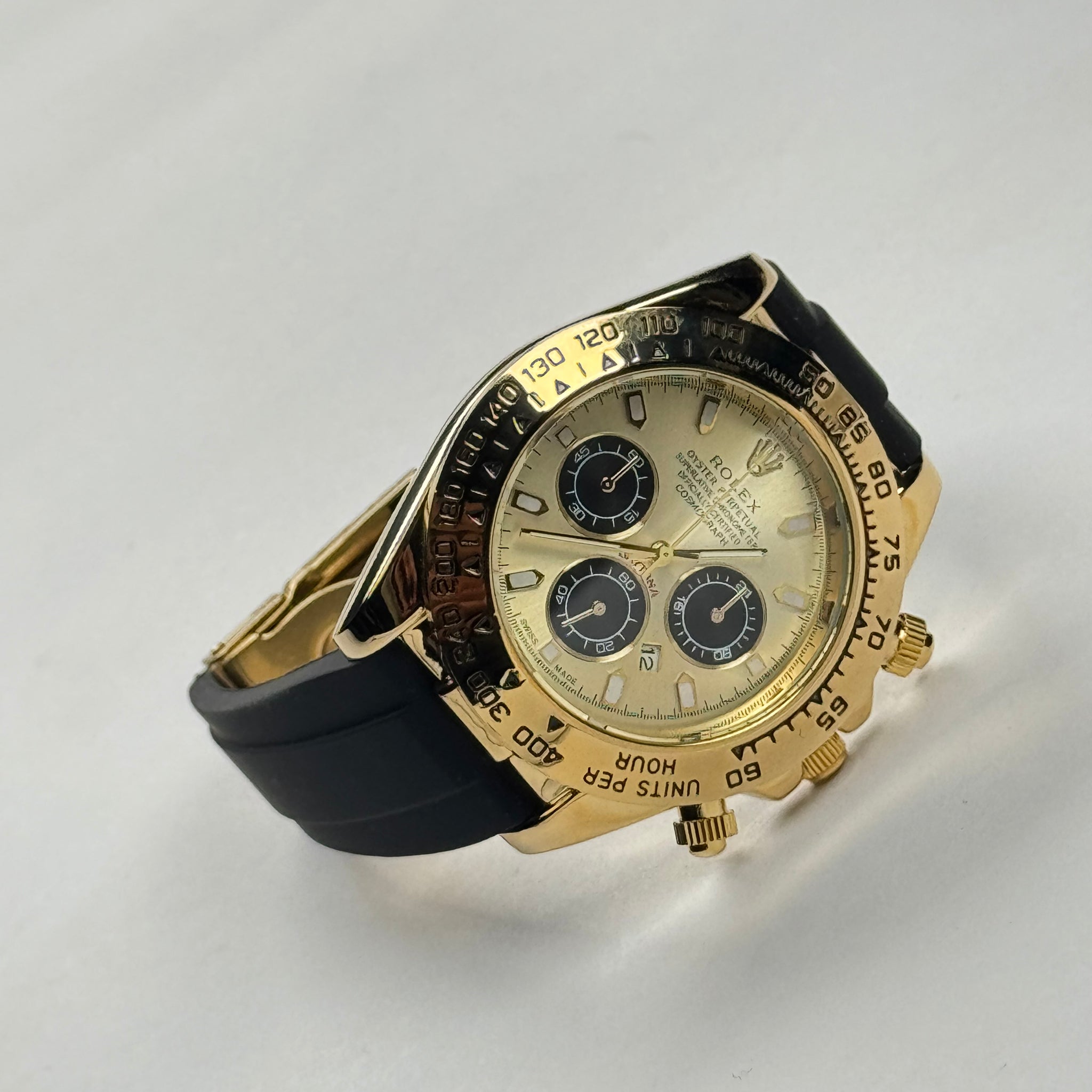 RLX Daytona Gold Chronograph Sports Watch – Black Rubber Strap